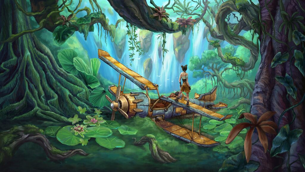 Student concept art depicting a character standing on a crashed aircraft in a lush jungle environment with waterfalls and dense vegetation